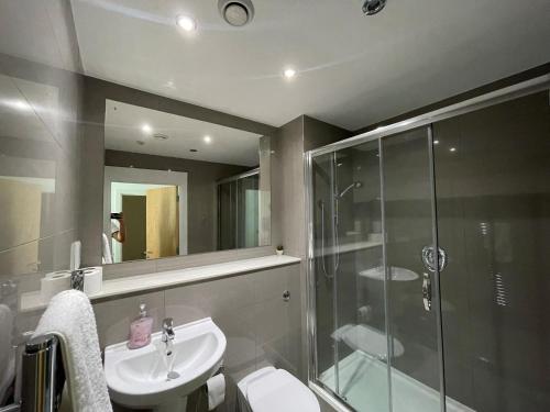 ブラックネルにあるBracknell RWH Stunning Two Bedroom Apartmentのシャワー、トイレ、洗面台を備えたバスルーム