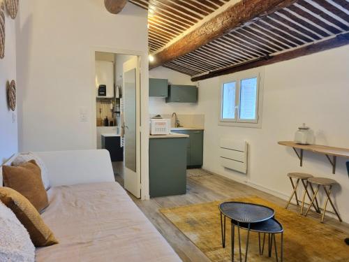 un salon avec un canapé et une table dans l'établissement Studio lumineux clim - centre ville, à Aix-en-Provence