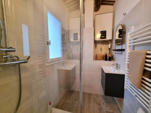 une salle de bain avec deux lavabos et une douche en verre dans l'établissement Studio lumineux clim - centre ville, à Aix-en-Provence