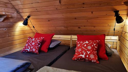 a room with two beds with red and blue pillows at Domki Na Wzgórzu in Nowica