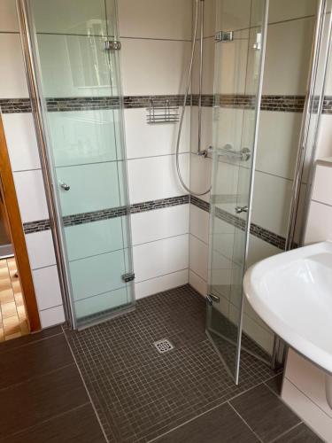 a bathroom with a shower and a sink at Ferienhaus Scheid in Bremm