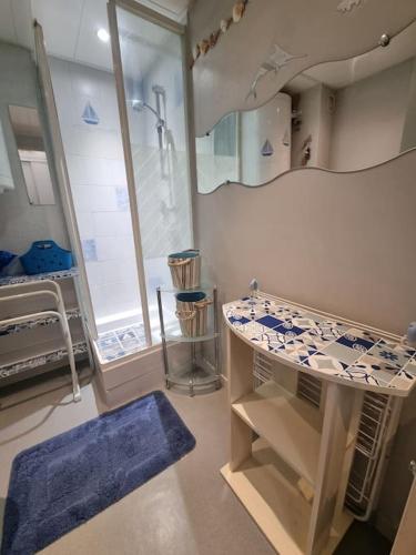 La petite salle de bains est pourvue d'une douche et d'un lavabo. dans l'établissement Grand studio, PISCINE, Vue magnifique plage, 4 personnes, secteur Allée des Arts Le Lydia, au Barcarès