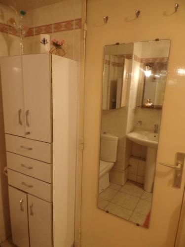 une salle de bain avec un lavabo, des toilettes et un miroir dans l'établissement Sweet Home Panoramique Sacré Coeur, à Paris