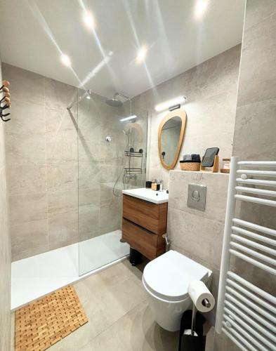 une salle de bain avec une douche, des toilettes et un lavabo dans l'établissement Charmant T2 à 10 min de Cannes, au Cannet