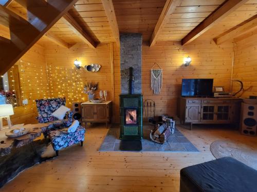a living room with a fireplace in a wooden house at Chatka Beskidzka in Targanice