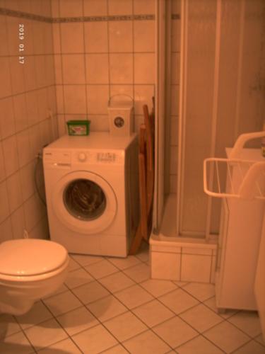 un bagno con lavatrice e WC di Ferienwohnung Chemnitz Kaßberg II a Chemnitz