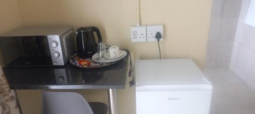 a small kitchen with a counter with a microwave at Ammigos Guesthouse in Klerksdorp