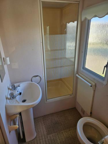 a bathroom with a sink and a shower and a toilet at Ingoldmells golden sands plot 152 in Ingoldmells