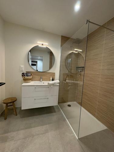 une salle de bain avec une douche, un lavabo et un miroir dans l'établissement Chez Sof&Jé, à Brie-Comte-Robert