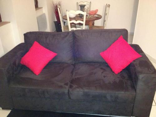 - un canapé brun avec 2 oreillers roses dans l'établissement Appartement Centre Historique 2 personnes, à Albi