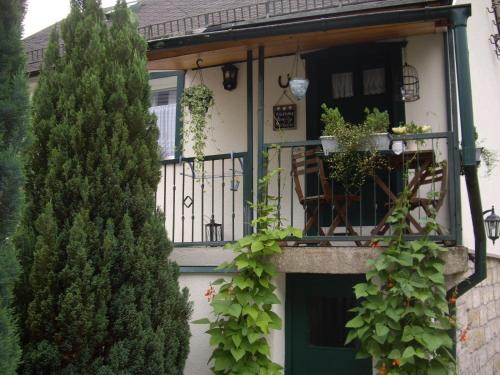 a house with a green door and a balcony at Ferienhäusel am Malerweg mit Terrasse in Bad Schandau