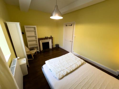 Cette chambre jaune comprend un lit et une cheminée. dans l'établissement Chambre individuelle 1, à Ancerville
