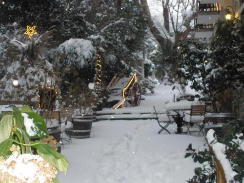 a garden covered in snow with tables and chairs at Pelias Hotel in Portariá