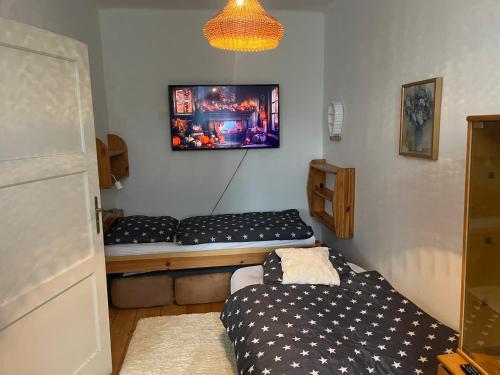 a room with two beds and a tv on the wall at TENNIS LIFE ŠUMPERK in Šumperk