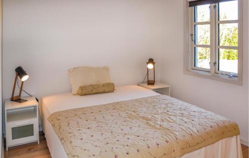 a bedroom with a bed with two night stands and a window at Holiday Home Hornbæk With Hot Tub Ix in Hornbæk