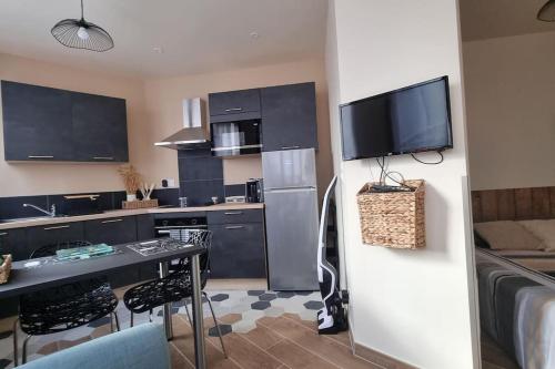a kitchen with black cabinets and a tv on a wall at Studio refait à neuf classé 3 étoiles in Châtel-Guyon