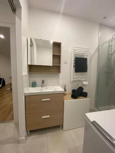 une cuisine blanche avec un évier et une télévision dans l'établissement T2 Cosy proche Centre Ville, à Bergerac