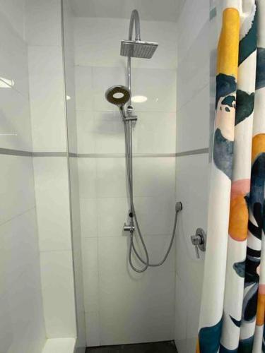 a shower in a bathroom with a shower curtain at Beautiful, Central Emek Refaim Home in Yerushalayim