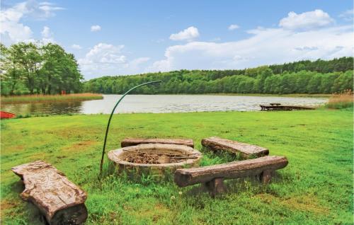 eine Feuerstelle auf einem Feld neben einem See in der Unterkunft Amazing Home In Kolczewo With Sauna in Kołczewo