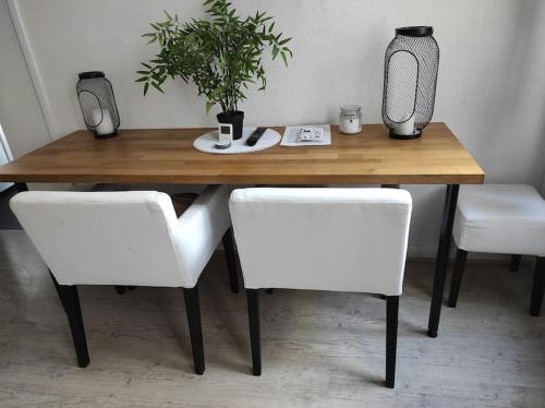 une table en bois avec deux chaises blanches et une plante dessus dans l'établissement Studio de charme 4 pers Rouen Centre Saint Gervais, à Rouen