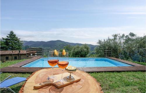 two glasses of wine on a table next to a swimming pool at Casa Per Vacanze Villa Ricci in San Quirico