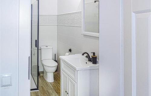 a white bathroom with a toilet and a sink at Amazing Home In Silec With Sauna in Srokowo
