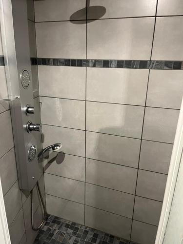 La salle de bains est pourvue d'une douche et d'un mur carrelé. dans l'établissement pTIT HUGO, à Saint-Nectaire