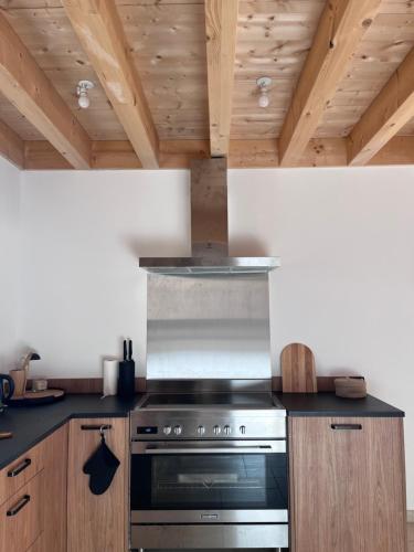 Il comprend une cuisine équipée d'une cuisinière et de placards en bois. dans l'établissement le petit ours, à Orcières