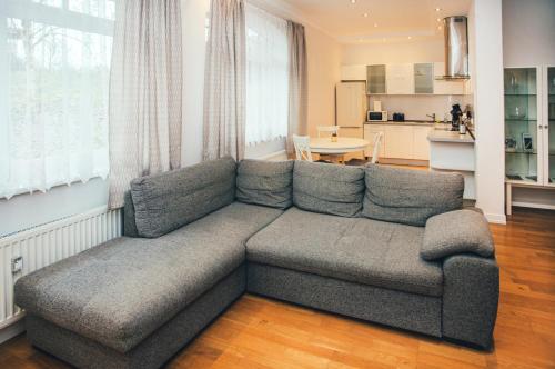 a living room with a couch and a kitchen at Little Swiss in Sigulda