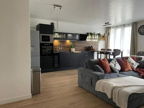 un salon avec un canapé et une cuisine dans l'établissement Escapade à 15 mn de L'aéroport Orly 20mn de paris, à Chilly-Mazarin