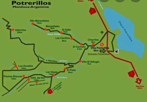 a map of the roads and highways in the mountains at Cabaña Sonnentahl 1 in Potrerillos
