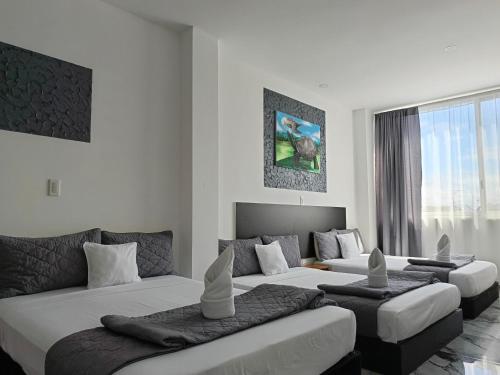 a room with three beds and a couch at Patty House Galapagos in Puerto Ayora