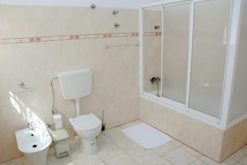 a bathroom with a toilet and a shower at Tambarina Guest House in Mindelo