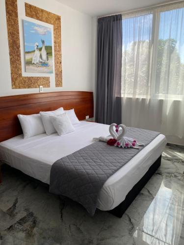 a bedroom with a bed with two swans on it at Patty House Galapagos in Puerto Ayora