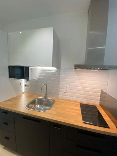 une cuisine avec un évier et un plan de travail en bois dans l'établissement Studio cosy avec jardin, tramway, à Juvignac