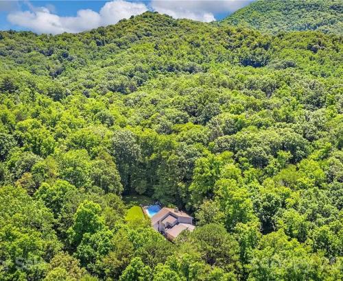 an aerial view of a house in the middle of a forest at Secluded oasis in Asheville! GAME room MOVIE theater HOT tub - 20 min to Biltmore! in Fairview