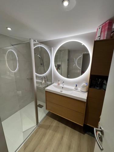 une salle de bain avec une douche, un lavabo et un miroir dans l'établissement Calme et mer, à Pornichet