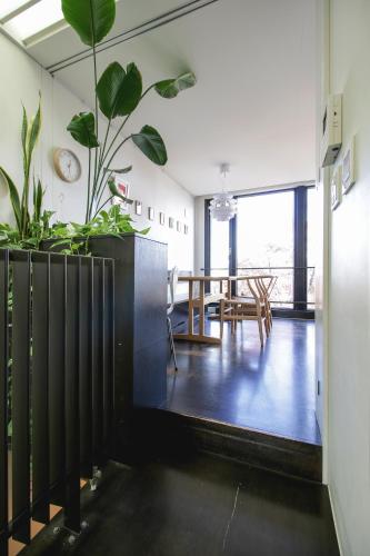 a living room with plants and a dining room at Townhouse Asahikawa in Asahikawa