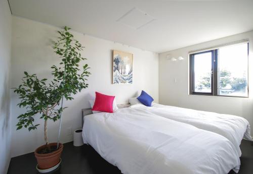 a bedroom with a white bed and a potted plant at Townhouse Asahikawa in Asahikawa