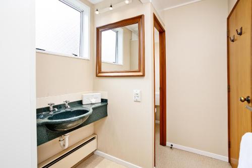 a bathroom with a sink and a mirror at Balmoral Lodge Motel in Invercargill