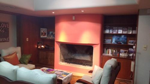 una sala de estar con chimenea en una habitación en Hostel de Los Artistas en Mendoza