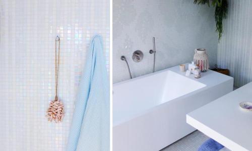 Dos fotografías de un baño con lavabo y ducha. en Magical Woods, en Bergen
