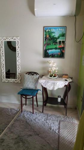a living room with a table and a chair at Gites d'Arles Bungalow T1 BIS in Le Moule