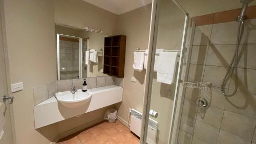 a bathroom with a sink and a shower at Rangers 2 'Morgan' in Mount Hotham