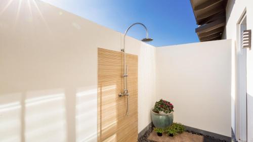 a bathroom with a shower and a potted plant at MAUNA KEA BEACH ESCAPE Luxurious home in private community with Heated Private Pool and Spa Detached Ohana Suite in Waimea