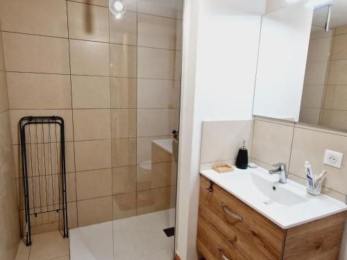 une salle de bain avec un lavabo et une douche dans l'établissement Appartement cosy au centre station, proche pistes, parking, WiFi - FR-1-755-35, à Aime La Plagne