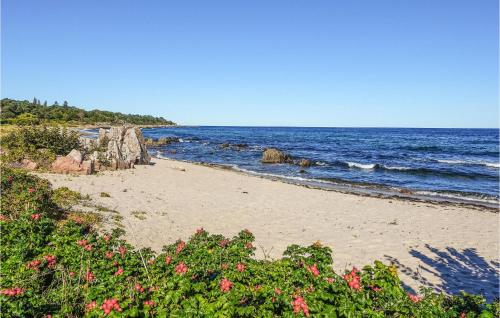 a beach with pink flowers and the ocean at 5 Bedroom Lovely Home In Allinge in Allinge