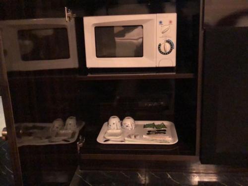 a microwave oven sitting on a shelf next to a sink at ホテル ラヴィアン HOTEL Lavien in Kobasaki