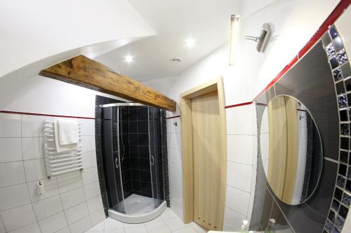 a bathroom with a shower and a mirror at Mazurski Dwór in Olecko
