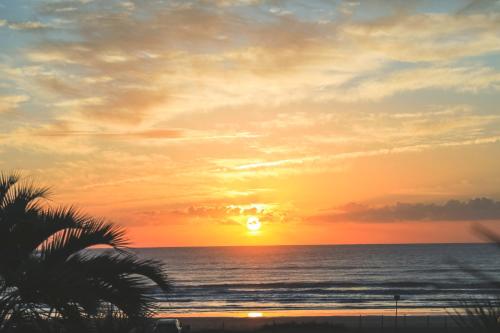 a sunset over the ocean with a palm tree at Sunrise Villa Oarai in Natsumi